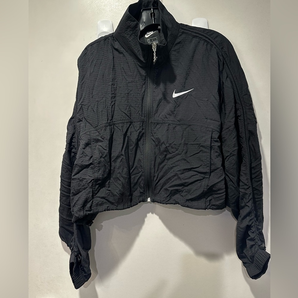 Nike ruched sleeve swoosh zip jacket in black
